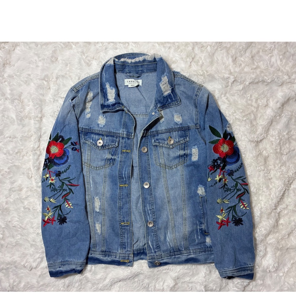 Cavalini‎ Denim Embroidered Distressed Floral Jean Jacket Blue Womens S